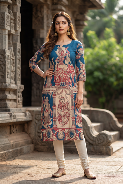 Blue Traditional Kalamkari Print Ethnic Kurti (IB0557)
