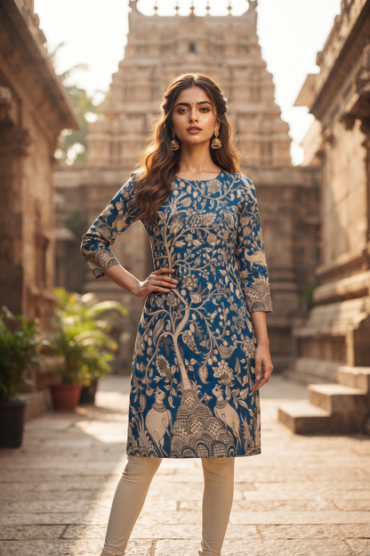 Blue & Beige Tree of Life Kalamkari Print Ethnic Kurti (IB0560)