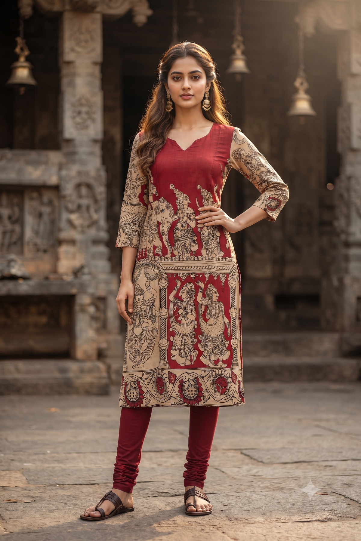 Maroon & Beige Traditional Kalamkari Print Ethnic Kurti (IB0565)