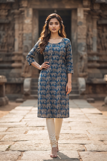 Blue & Beige Elephant Motif Kalamkari Print Ethnic Kurti (IB0566)