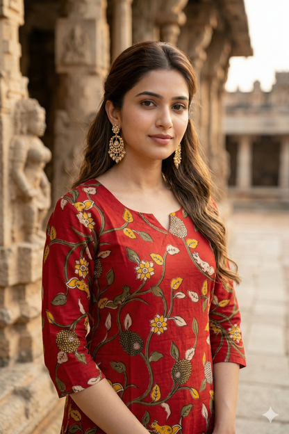 Red & Yellow Printed Kalamkari (IB0327)