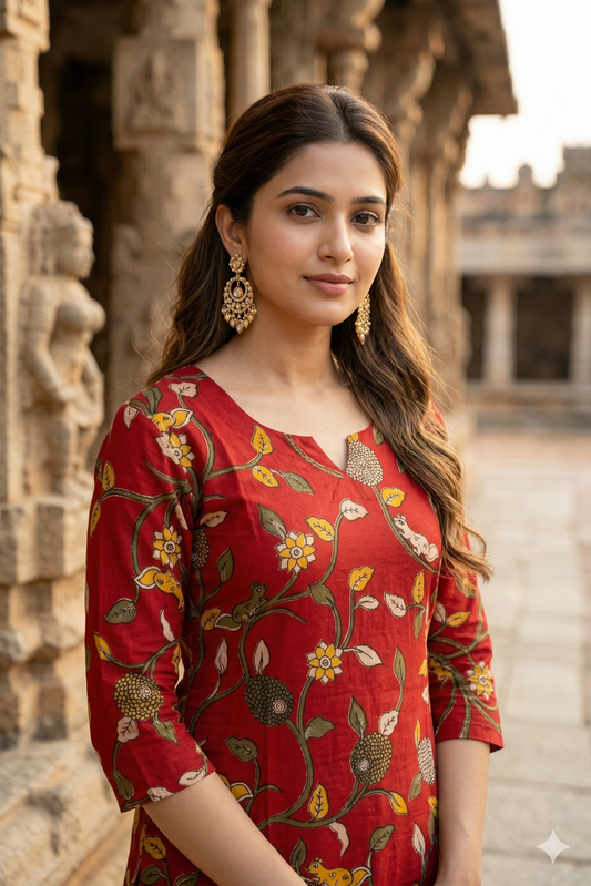 Red & Yellow Printed Kalamkari (IB0327)