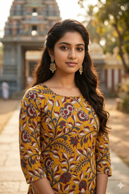 Mustard Yellow Floral Kalamkari (IB0336)