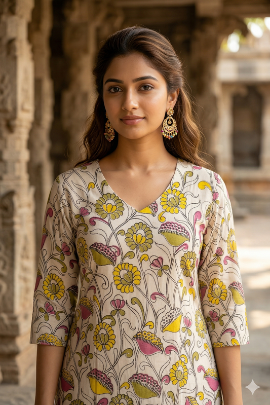 Cream & Mustard Floral Kalamkari (IB0338)