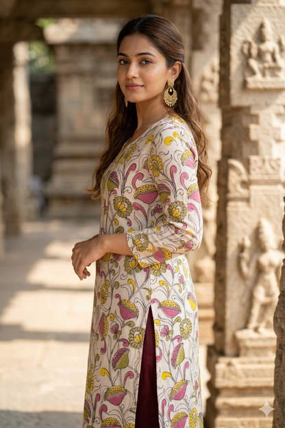 Cream & Mustard Floral Kalamkari (IB0338)