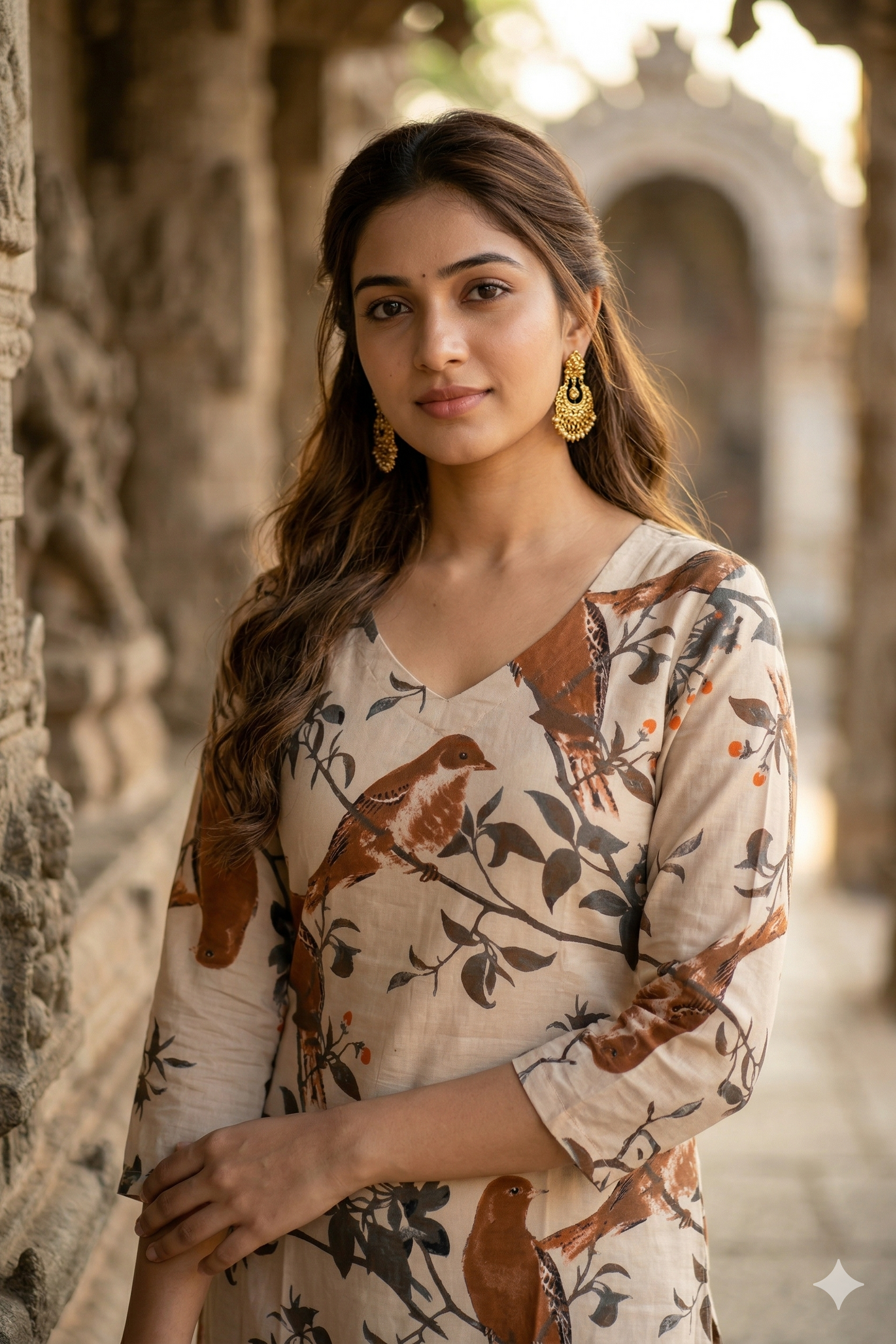Beige Earth Tone Bird Kalamkari (IB0343)