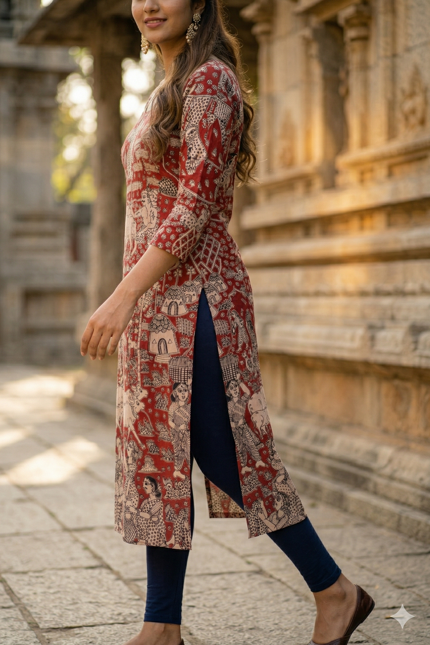 Maroon Village Motif Kalamkari (IB0348)