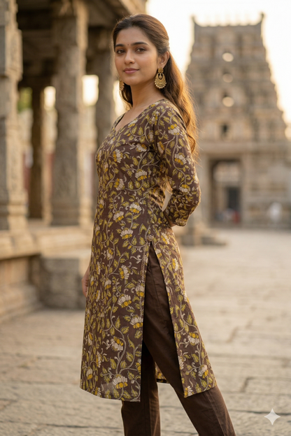 Chocolate Brown Floral Kalamkari (IB0351)