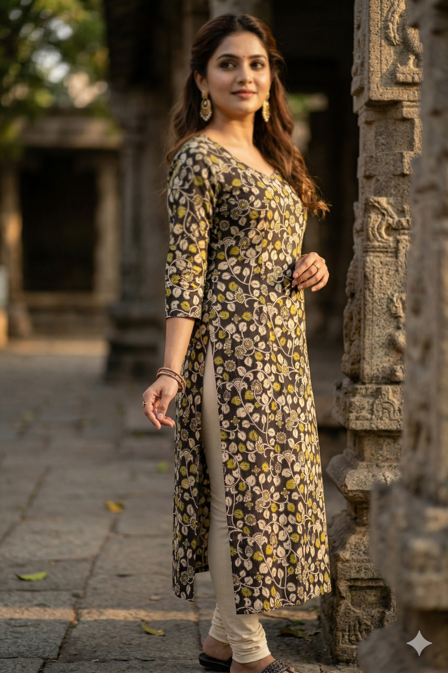 Black Floral Print Kalamkari (IB0352)