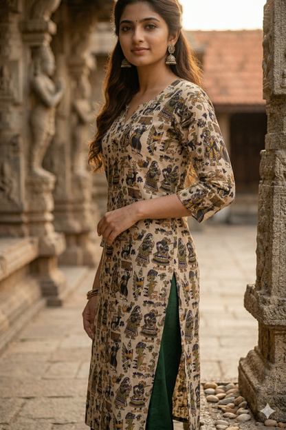 Beige Earth Tone Figurative Kalamkari (IB0354)