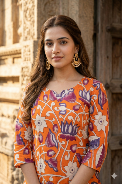 Orange Multi-Color Lotus Kalamkari (IB0357)