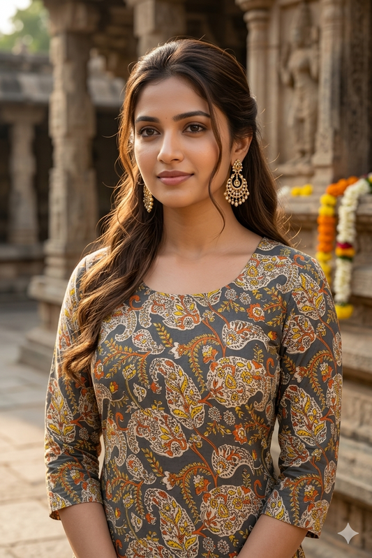 Grey Multi-Color Floral Kalamkari (IB0362)