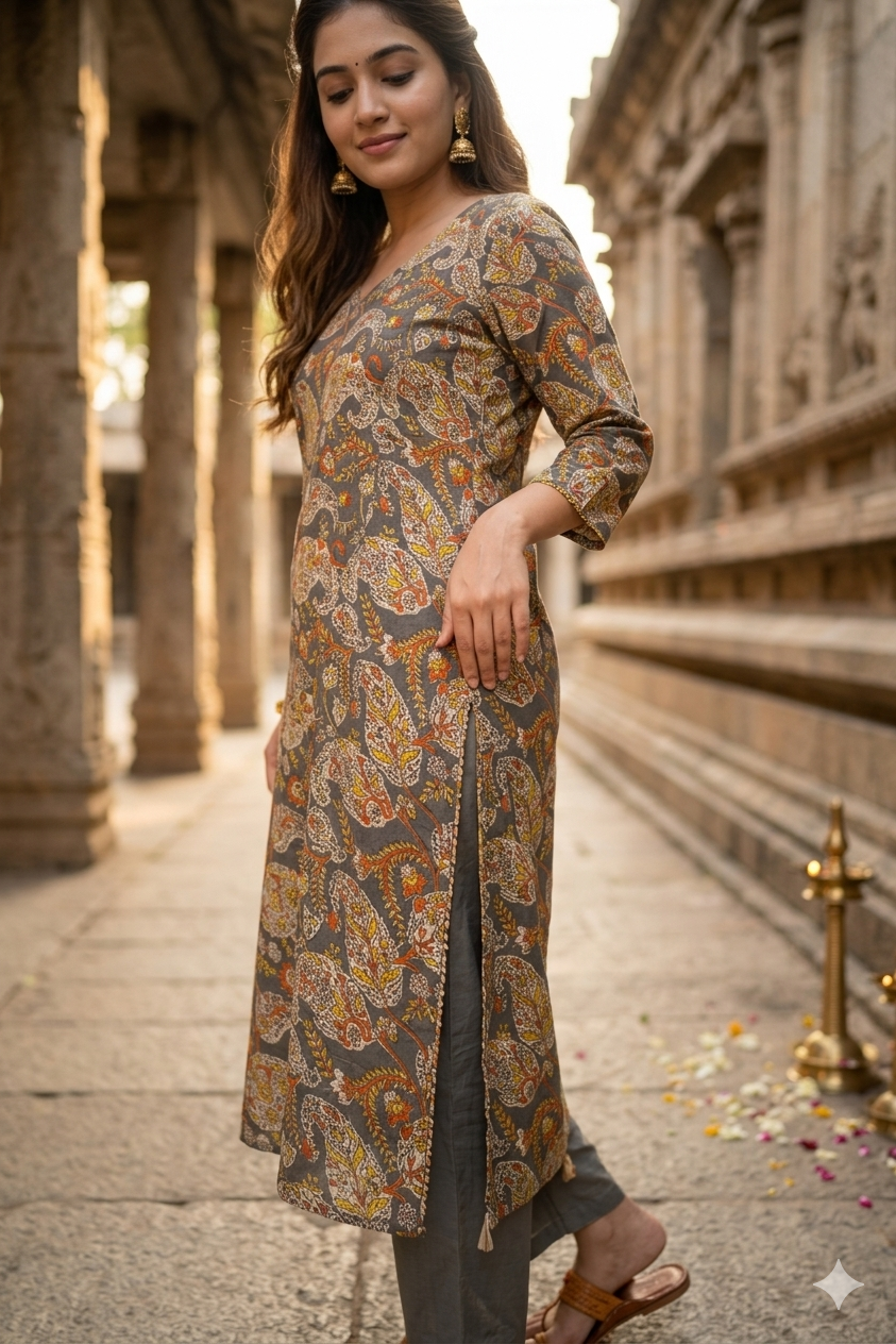 Grey Multi-Color Floral Kalamkari (IB0362)