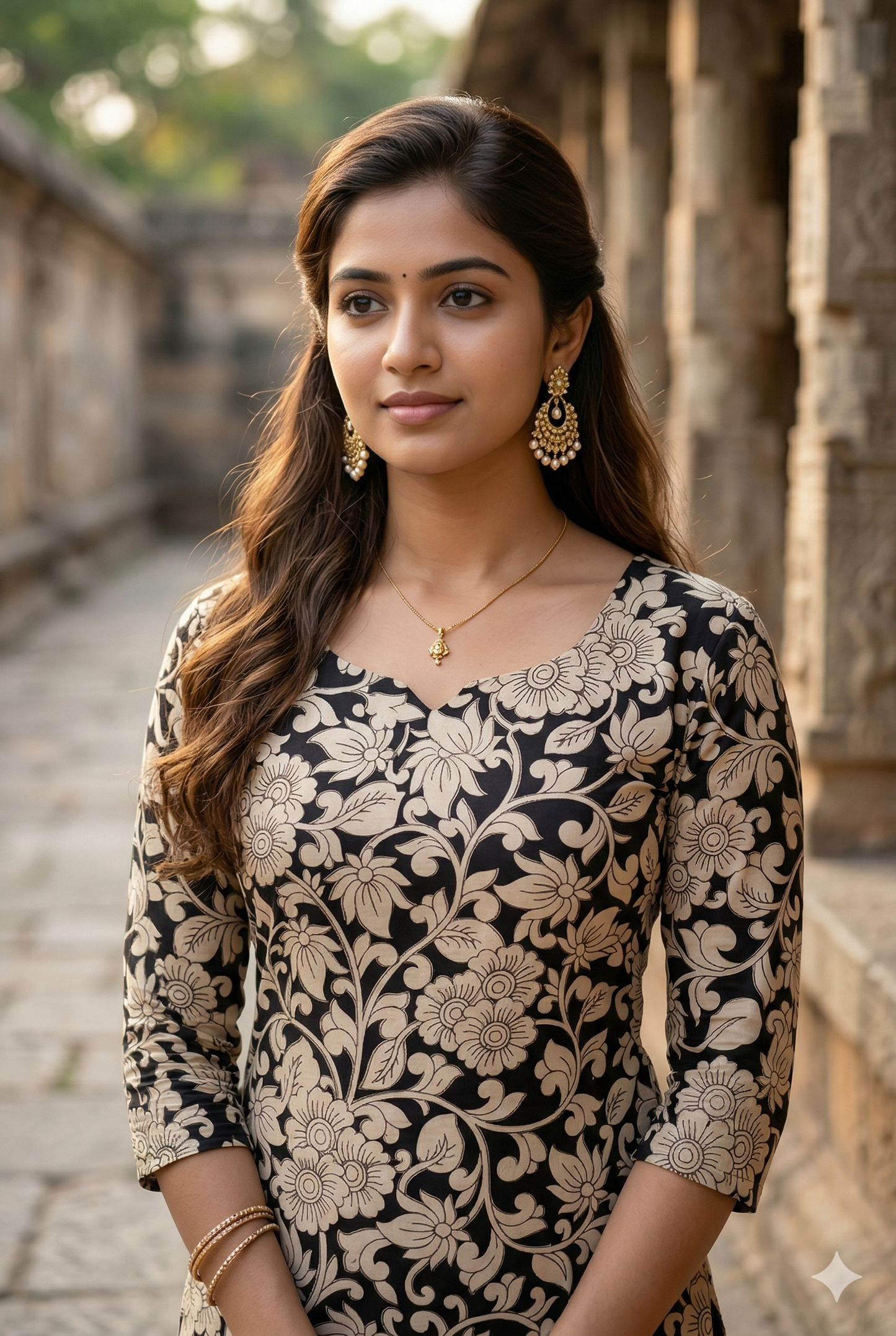 Black Floral Print Kalamkari (IB0363)