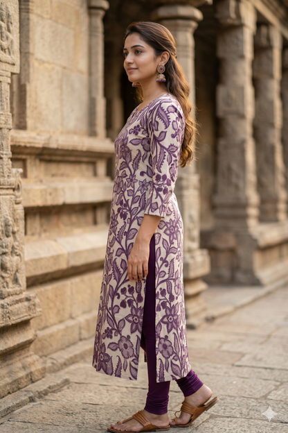 Mauve Floral Print Kalamkari ((IB0365)