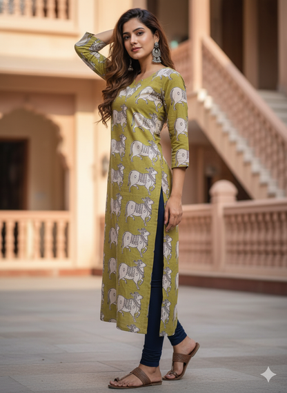 Pichwai Olive Kalamkari Kurti (IB138)