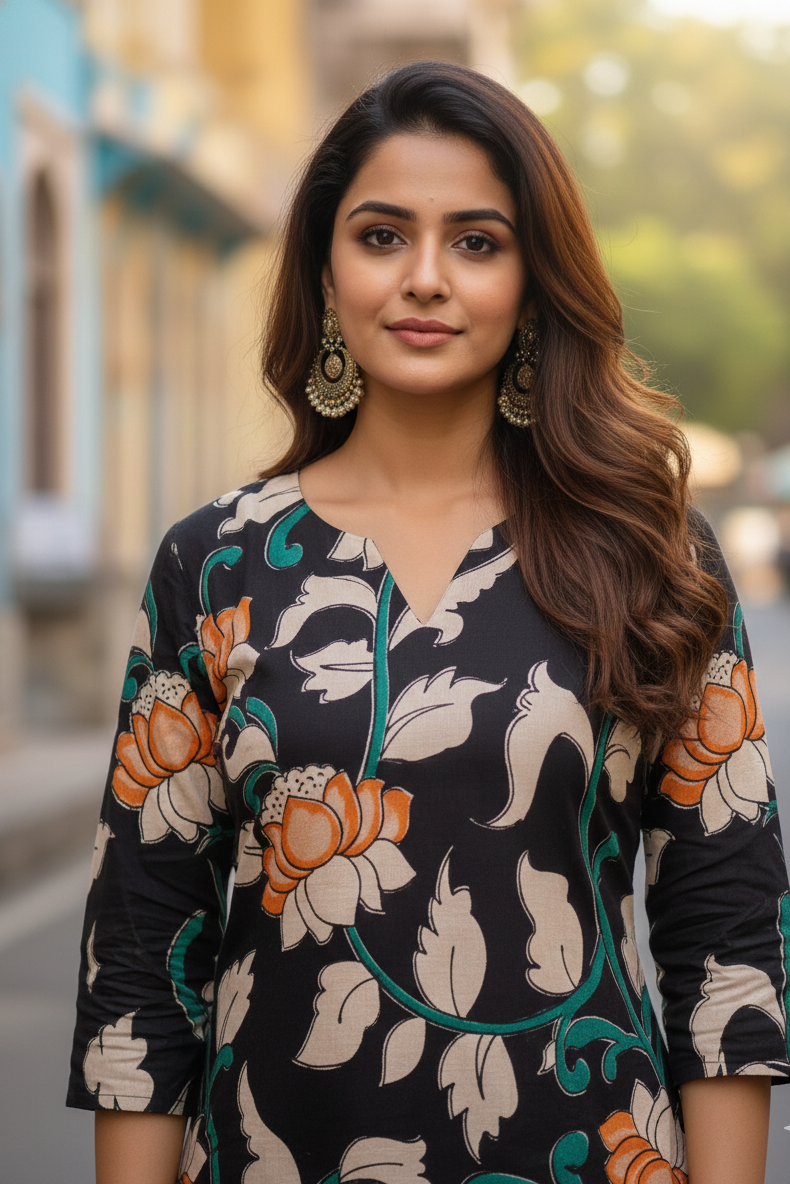 Black Lotus Floral Print Kalamkari Kurti (IB0204)