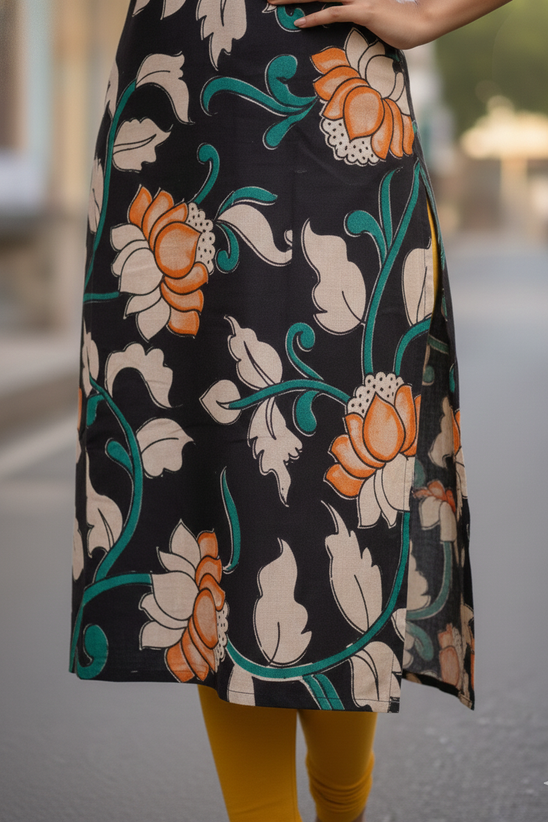 Black Lotus Floral Print Kalamkari Kurti (IB0204)