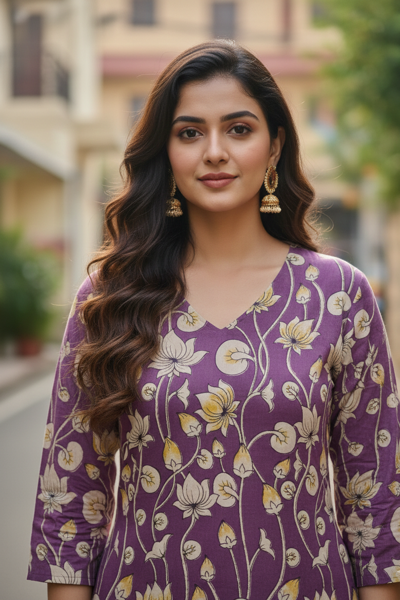 Purple Lotus Floral Kalamkari Kurti (IB0206)