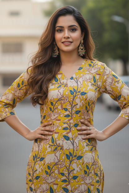 Mustard Yellow Cow Print Kalamkari Kurti (IB0217)