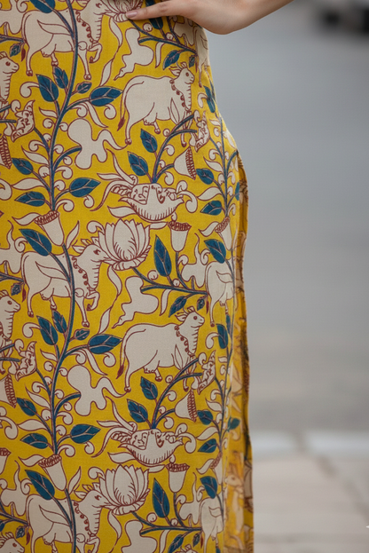 Mustard Yellow Cow Print Kalamkari Kurti (IB0217)