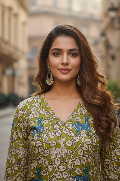 Olive Green Deer Print Kalamkari Kurti (IB0225)