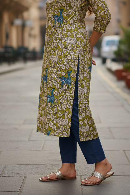 Olive Green Deer Print Kalamkari Kurti (IB0225)