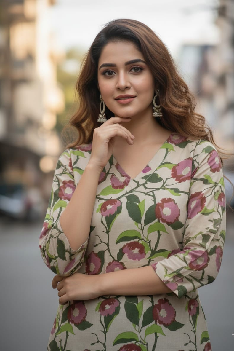 Cream & Pink Floral Kalamkari Kurti (IB0226)