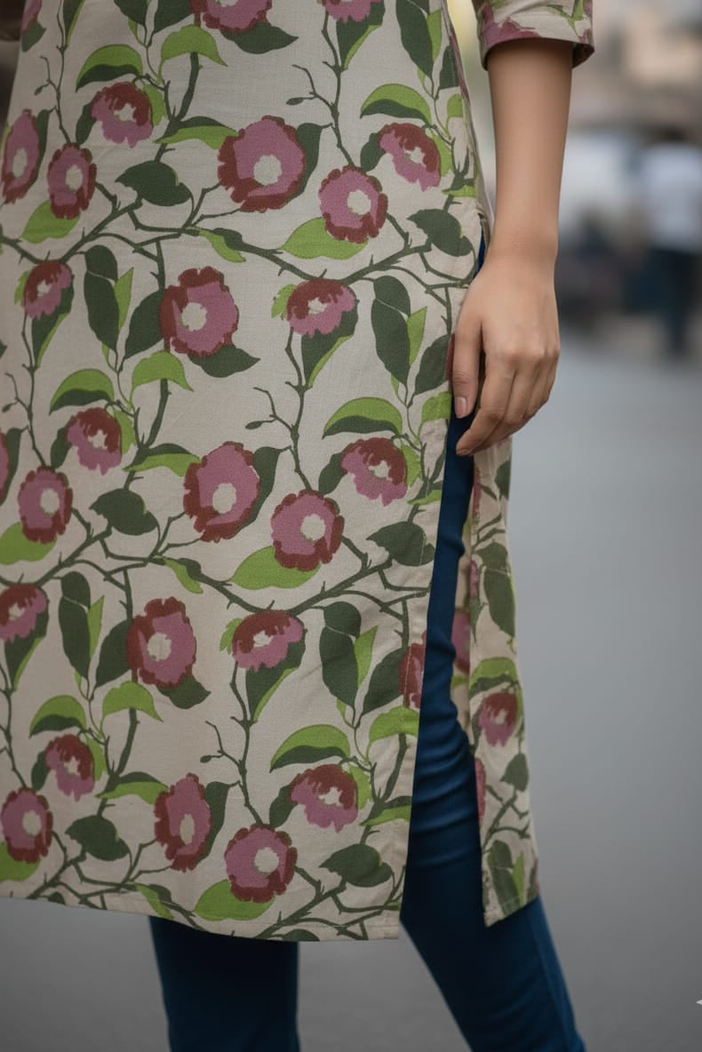 Cream & Pink Floral Kalamkari Kurti (IB0226)