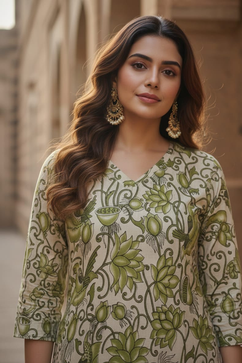 Green Floral & Bird Print Kalamkari Kurti (IB0232)