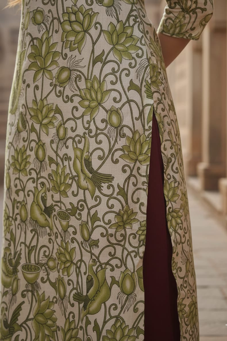 Green Floral & Bird Print Kalamkari Kurti (IB0232)