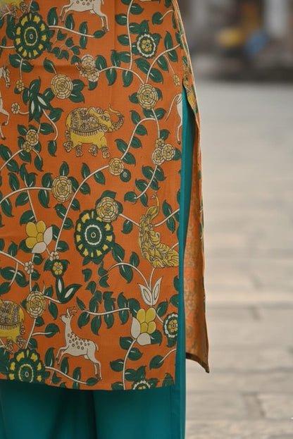 Orange Floral & Animal Print Kalamkari (IB0233)