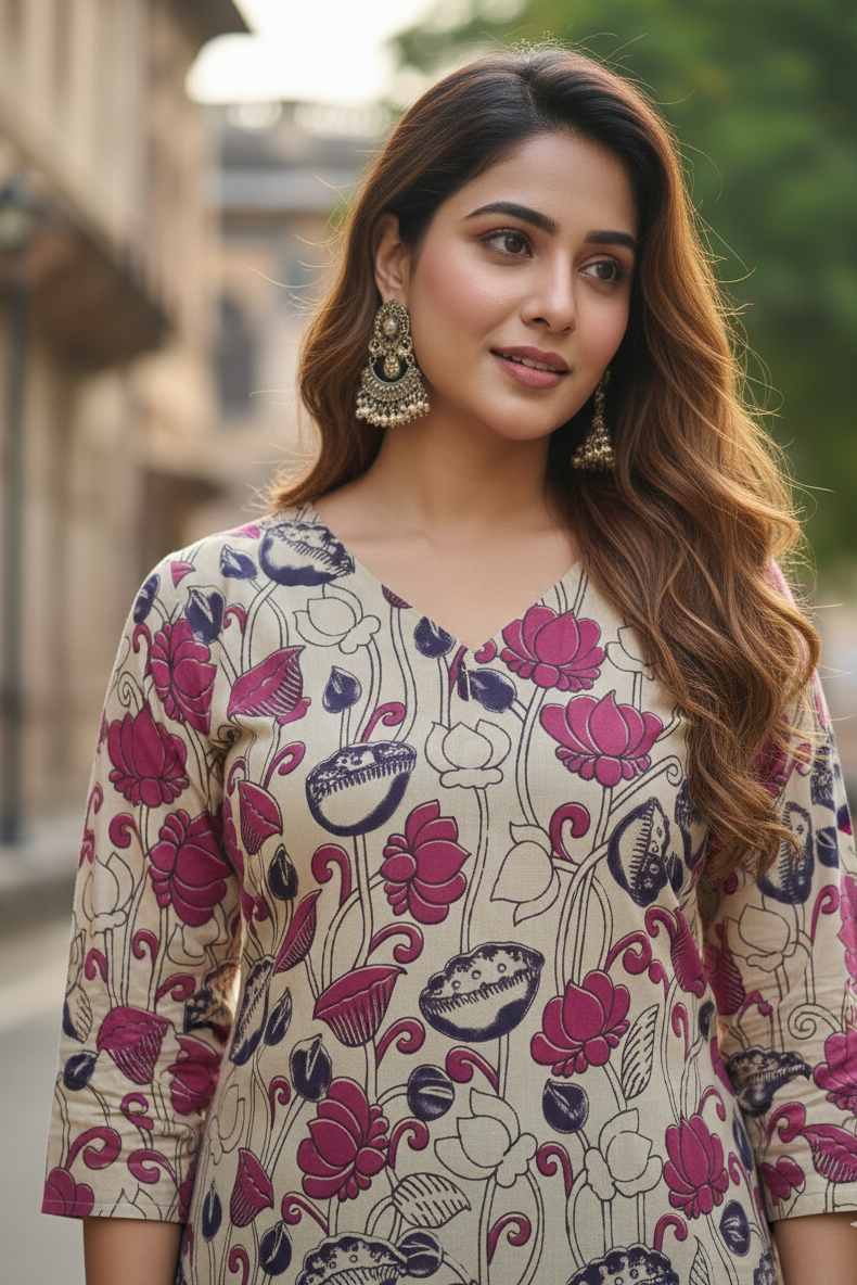 Cream & Magenta Lotus Floral Kalamkari Kurti (IB0236)