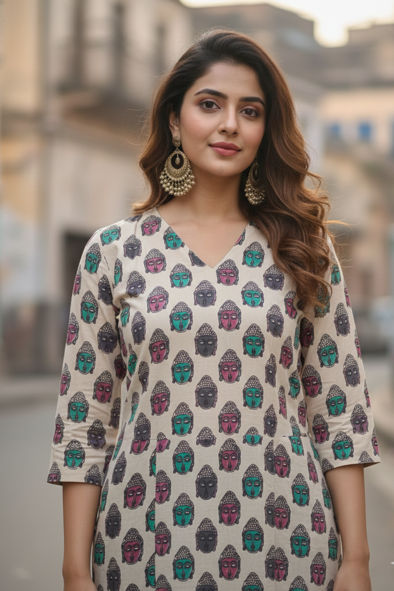 Cream Buddha Print Kalamkari Kurti (IB0237)