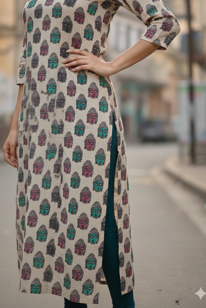 Cream Buddha Print Kalamkari Kurti (IB0237)