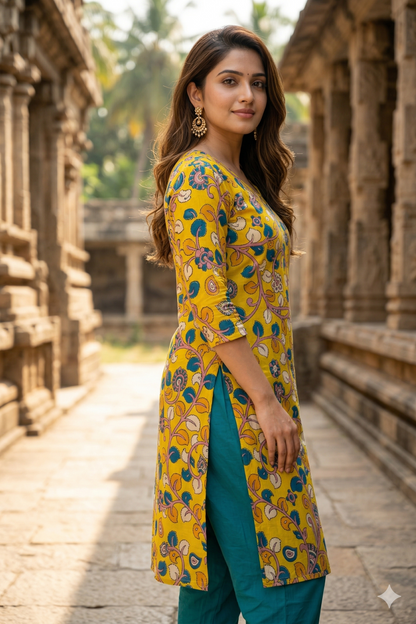Mustard Multi-Color Floral Kalamkari (IB0314)