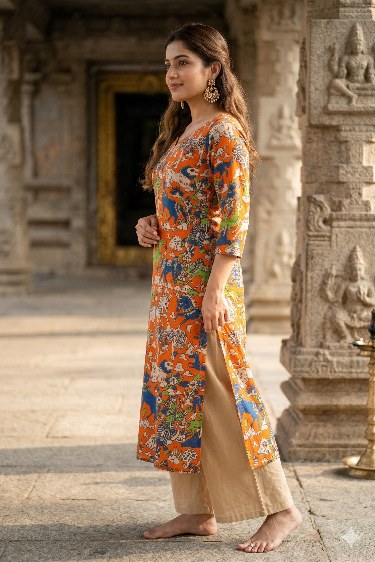 Orange Wildlife Motif Kalamkari (IB0315)