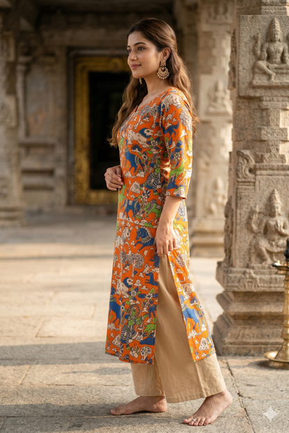 Orange Wildlife Motif Kalamkari (IB0315)