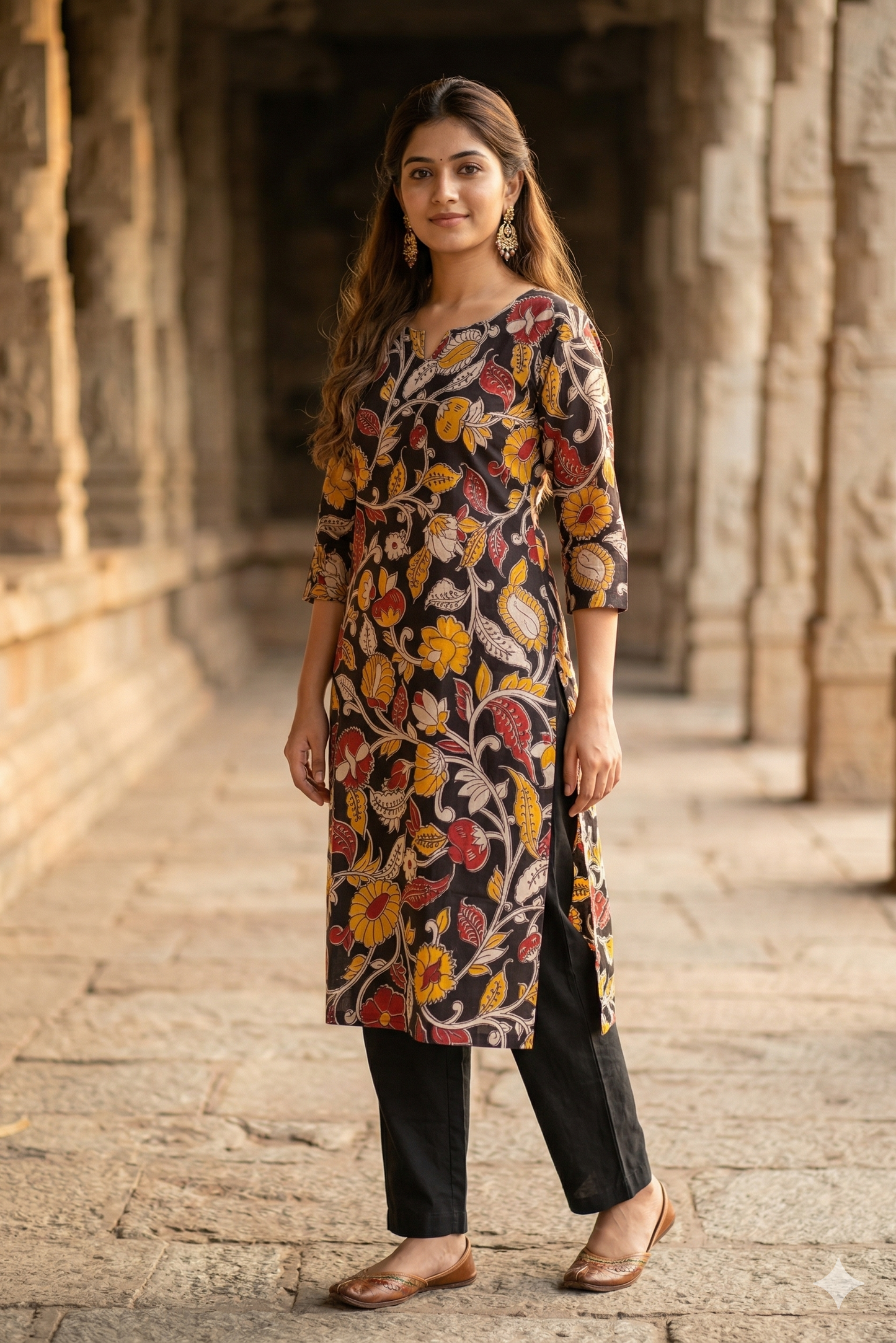 Black Multi-Color Floral Kalamkari (IB0317)