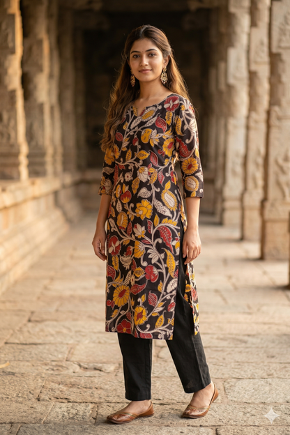 Black Multi-Color Floral Kalamkari (IB0317)