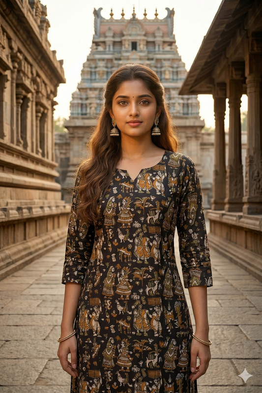 Black Earth Tone Figurative Kalamkari (IB0318)