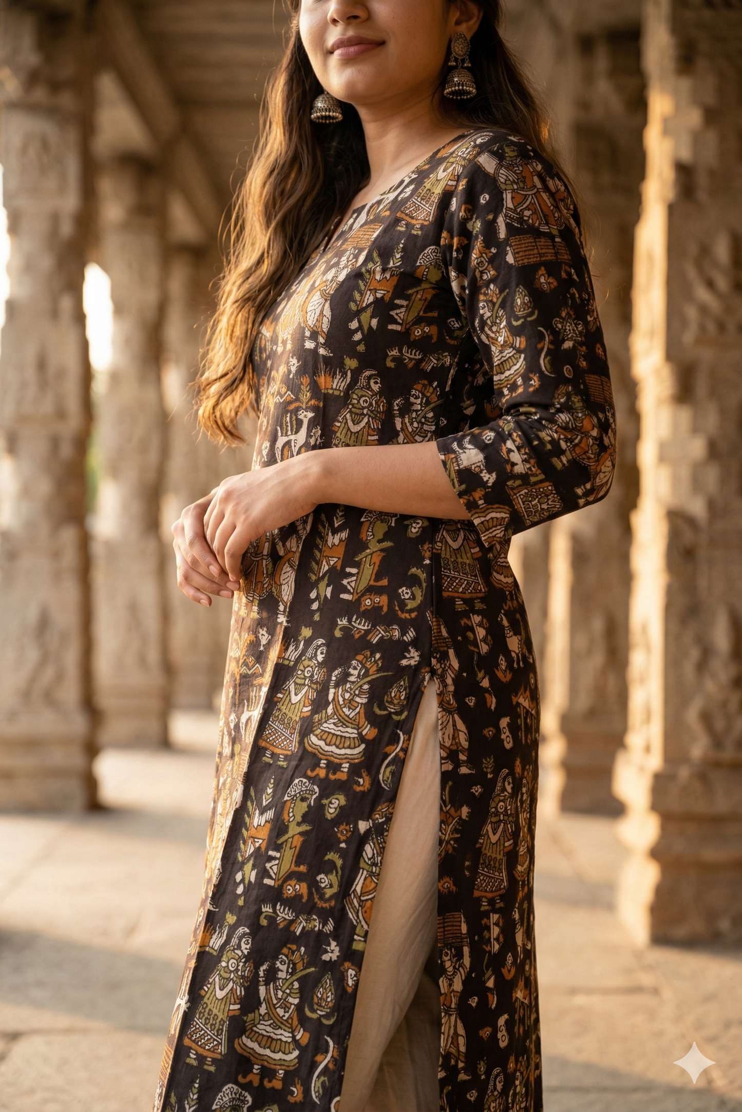 Black Earth Tone Figurative Kalamkari (IB0318)