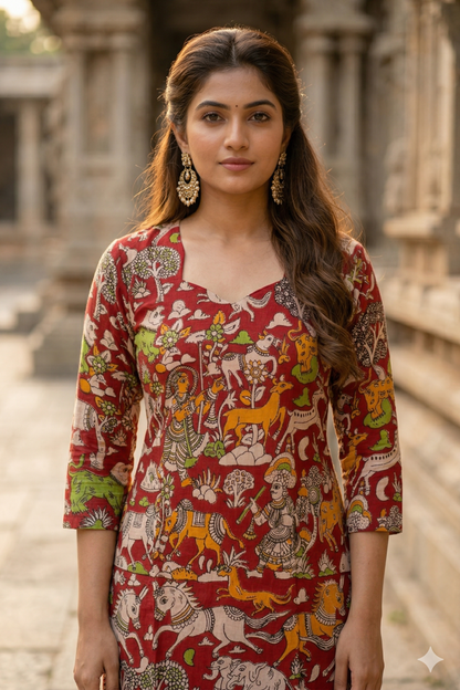 Deep Red Figurative Print Kalamkari (IB0320)