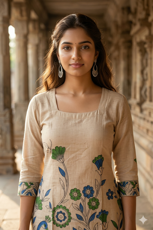 Beige Floral & Peacock Kalamkari (IB0325)