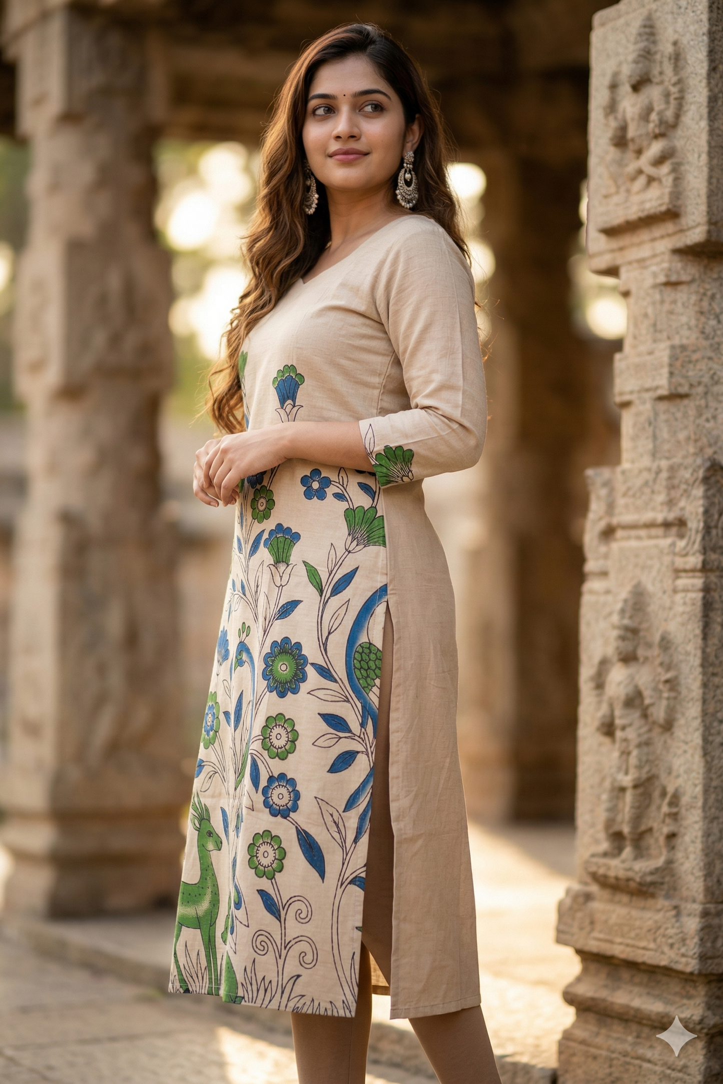 Beige Floral & Peacock Kalamkari (IB0325)