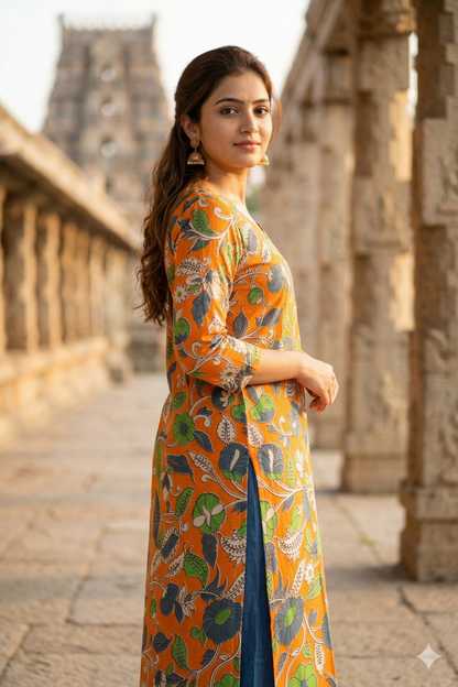 Orange Multi-Color Floral Kalamkari (IB0332)