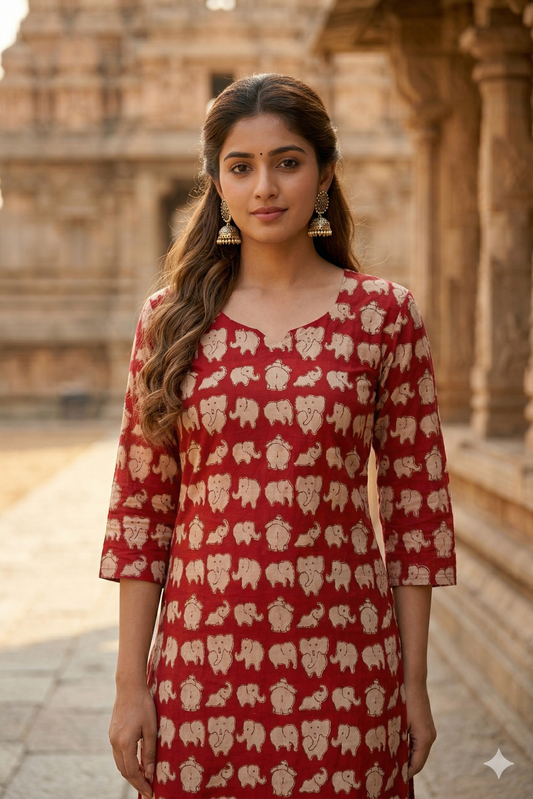 Red Baby Elephant Kalamkari (IB0344)