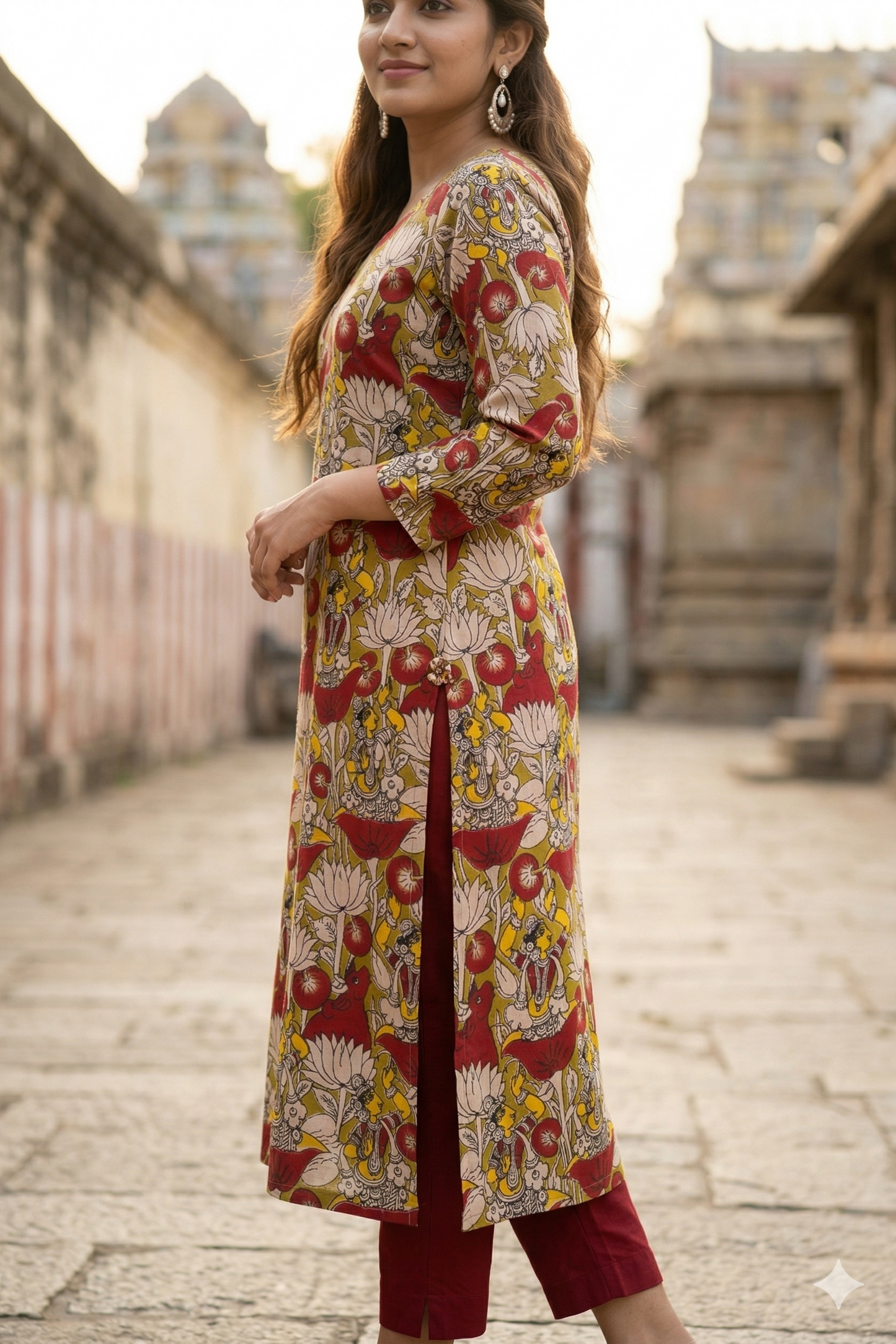 Green Multi-Color Floral Motif Kalamkari (IB0368)