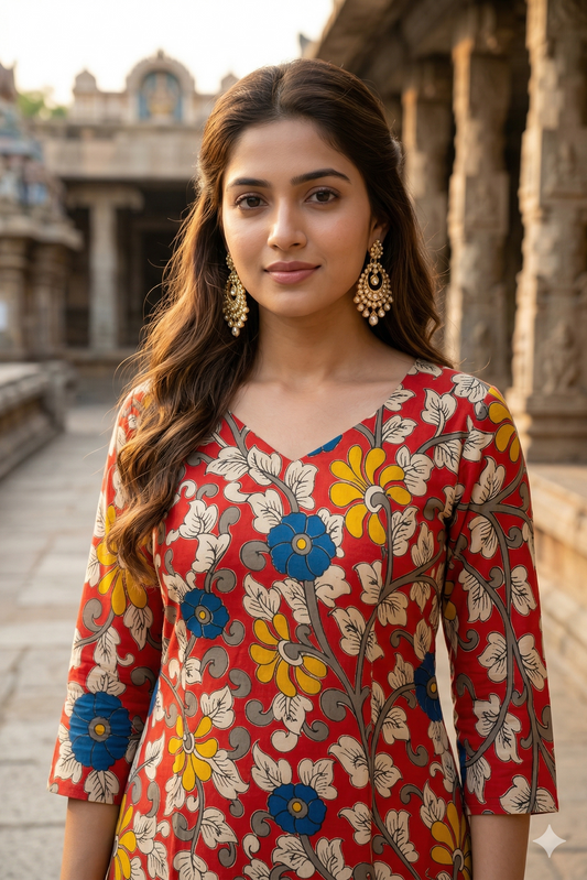 Red Multi-Color Floral Kalamkari (IB0369)