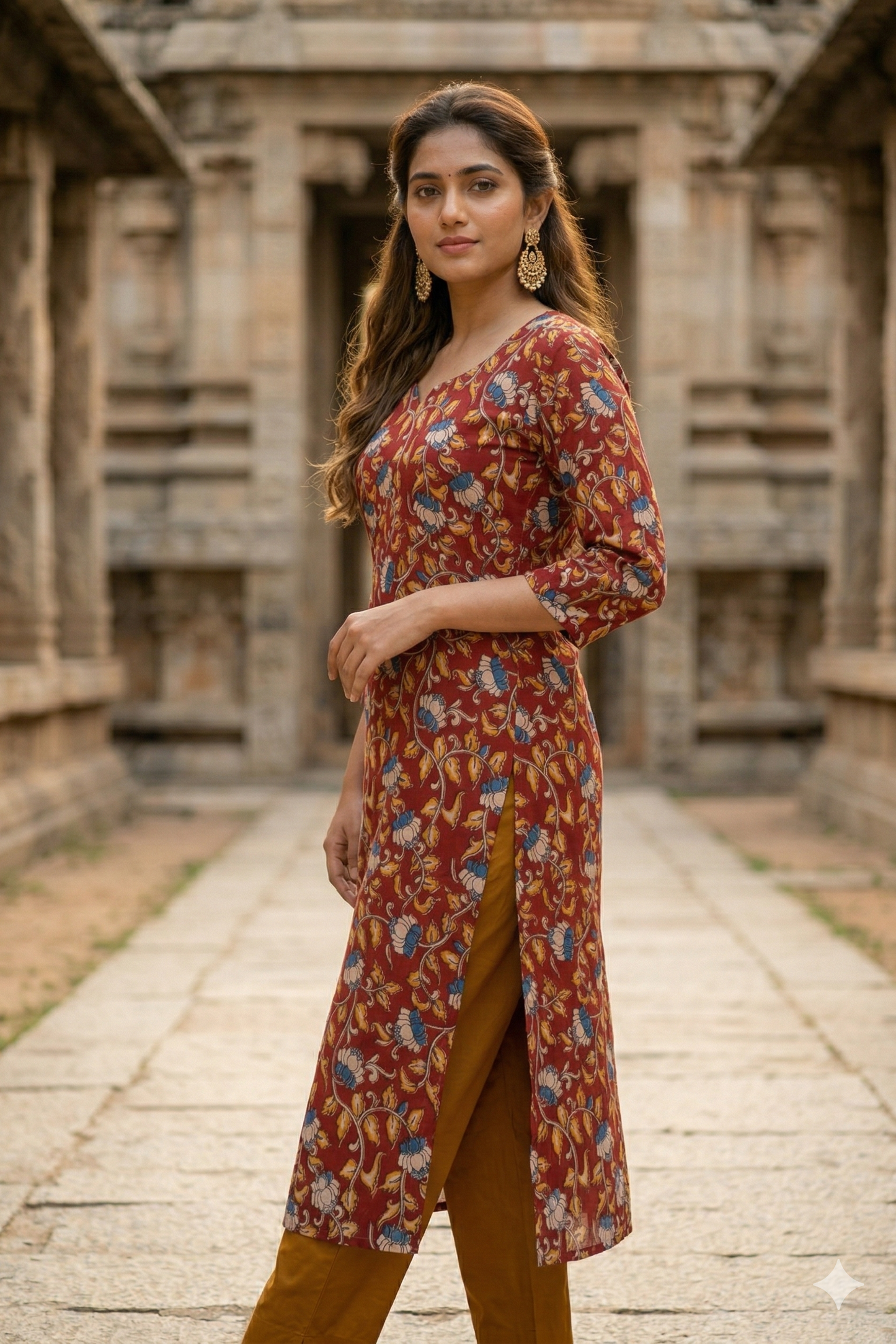 brick red blue floral kalamkari Kurti (IB0370)